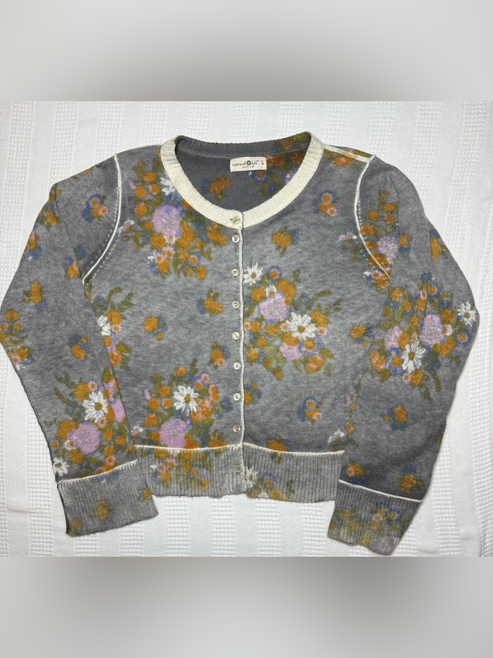 Natural Life Wisteria Floral Your Everything Cardigan Sweater Gray Wool Blend L